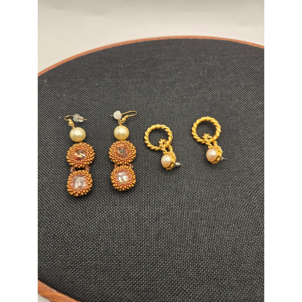 Vintage Gold Tone Faux Pearl Earring Set Beaded Drop and Twisted Rope Hoops